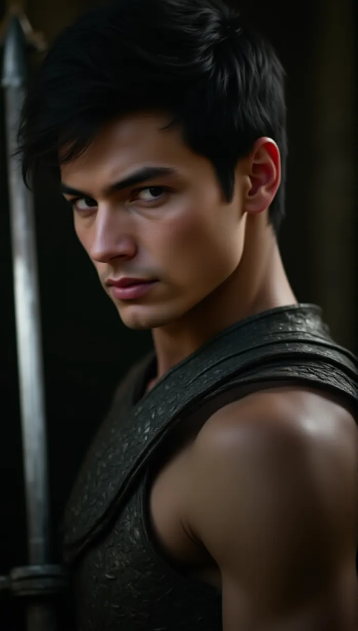 Image male, young adult, muscular, dark hair, short hair, stoic expression, looking away, confident, armor, detailed armor, holding sword, intricate background, detailed, dynamic pose, cinematic lighting, masterpiece, best quality, seductive, provocative pose, tempting expression