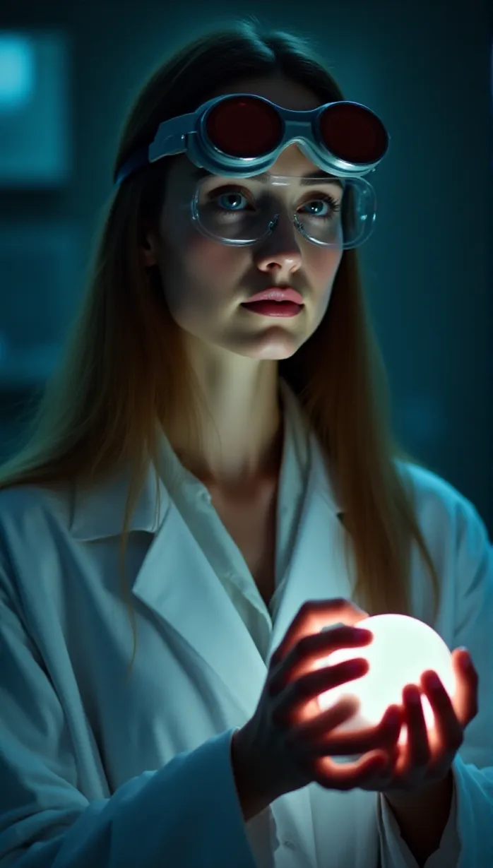 Image female, young_adult, long hair, brown hair, fair skin, slender build, lab coat, futuristic goggles, holding a glowing stone, looking away, side view, confident, laboratory, detailed background, sci-fi, masterpiece, best quality, detailed
