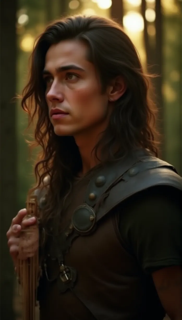 Image male, young_adult, looking_away, long_hair, flowing_hair, brown_hair, fair_skin, athletic_build, tunic, leather_armor, lyre, holding_lyre, intense_gaze, thoughtful, late_afternoon, golden_hour, forest, detailed, masterpiece, best quality