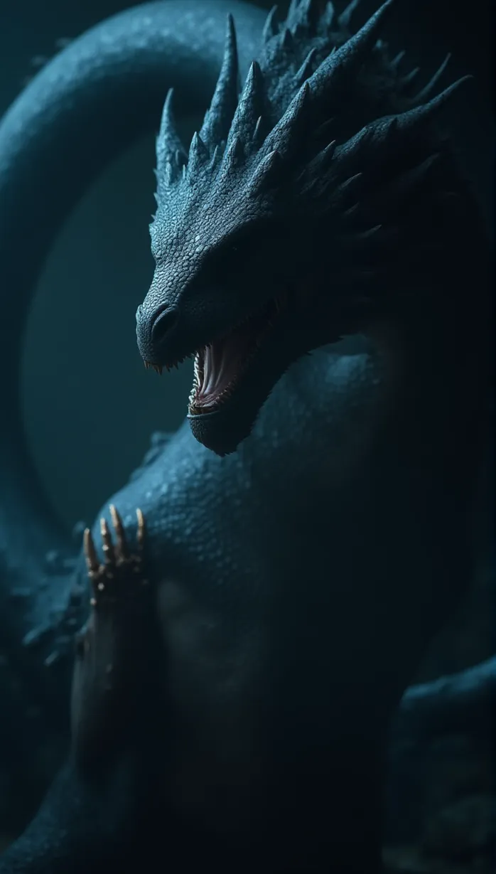Image dragon, male, blue scales, muscular body, sharp claws, gazing away, seductive expression, powerful stance, alluring pose, dramatic lighting, detailed scales, dynamic pose, masterpiece, best quality, detailed