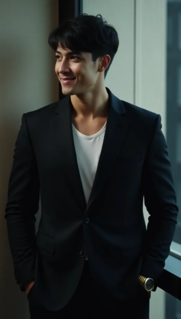 Image male, young adult, confident, smirk, black hair, short hair, blue eyes, muscular build, business suit, black suit, white undershirt, gold watch, standing, hand in pocket, looking away, dramatic lighting, office, city view, masterpiece, best quality, detailed, seductive, alluring, tempting, upper body