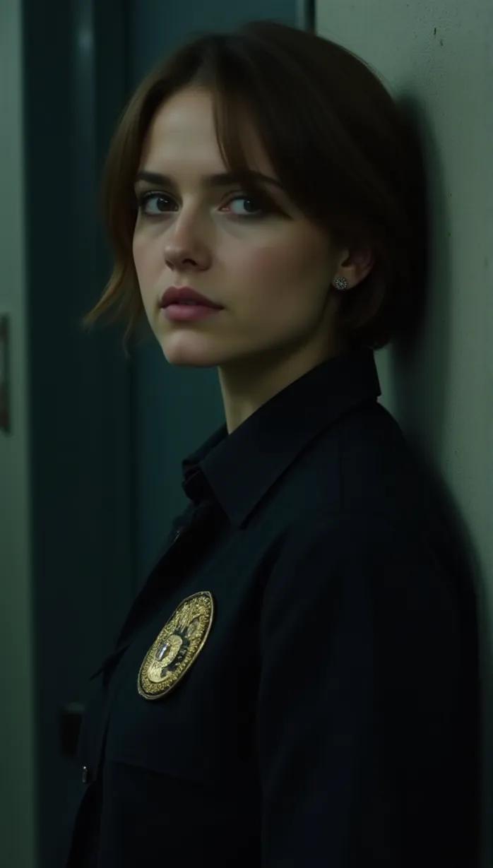 Image female, young adult, brown hair, short hair, light skin, slim body, corrections officer uniform, black top, serious face, looking away, holding handcuffs, leaning against a wall, prison, dim lighting, night, masterpiece, best quality, detailed