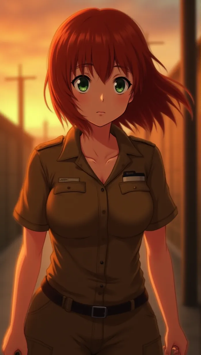 Image female, young_adult, auburn hair, green eyes, fair skin, busty, prison guard uniform, brown and khaki color scheme, holding a small bag, looking away, seductive, longing eyes, hopeful, outdoor, prison, sunset, backlighting, masterpiece, best quality, detailed, anime, danbooru
