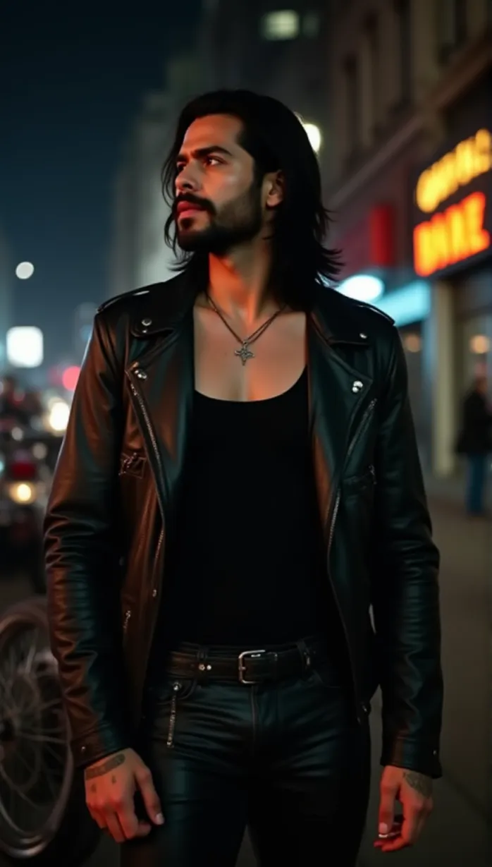 Image male, young_adult, muscular, black hair, shoulder-length hair, wavy hair, beard, mustache, black eyes, tanned skin, leather jacket, black tank top, leather pants, biker boots, tattoos, scars, looking away, seductive, teasing, confident, motorcycle, night, city street, neon lights, masterpiece, best quality, detailed
