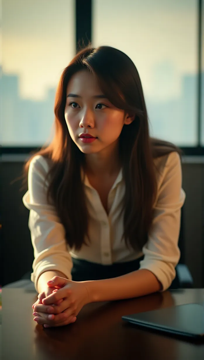 Image female, young_adult, long hair, brown hair, brown eyes, fair skin, slim body, office lady, white blouse, black skirt, black high heels, thoughtful, melancholic, looking away, leaning on a desk, hands clasped, late afternoon, warm lighting, office, cityscape in background, masterpiece, best quality, detailed