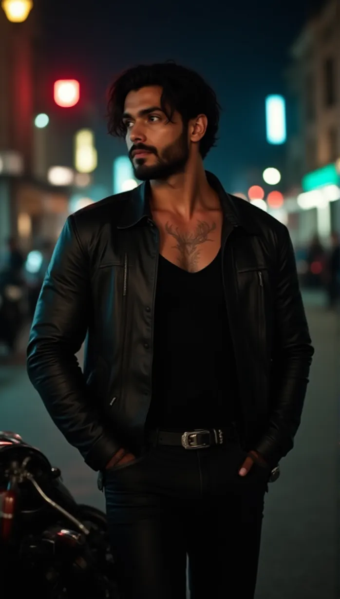 Image male, young adult, muscular, black hair, wavy hair, beard, mustache, black eyes, dark skin, leather jacket, black tank top, leather pants, biker boots, tattoos, scars, confident, seductive look, looking away, hands in pockets, leaning against motorcycle, night, city street, neon lights, detailed, masterpiece, best quality