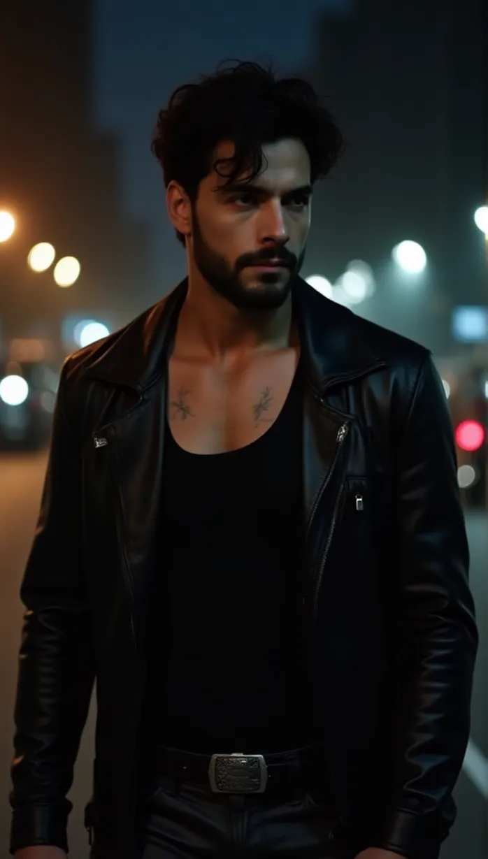 Image male, young_adult, black hair, wavy hair, beard, mustache, muscular, scars, tattoos, leather jacket, black tank top, leather pants, biker boots, seductive, tempting, looking away, side view, shadow, night, city, motorcycle, masterpiece, best quality, detailed