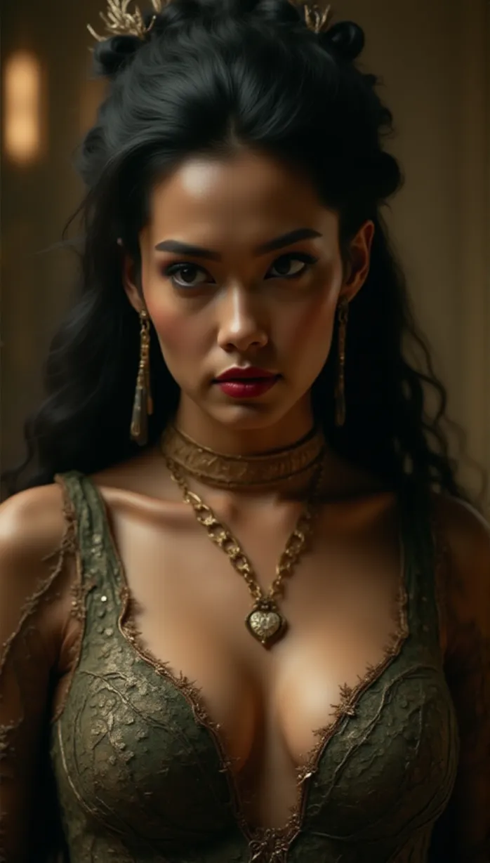 Image breasts, cleavage, dragon_girl, looking_away, scales, sharp_fangs, gold_jewelry, luxurious_dress, gold_accents, mysterious_atmosphere, soft_lighting, ancient_temple, detailed_scales, masterpiece, best quality