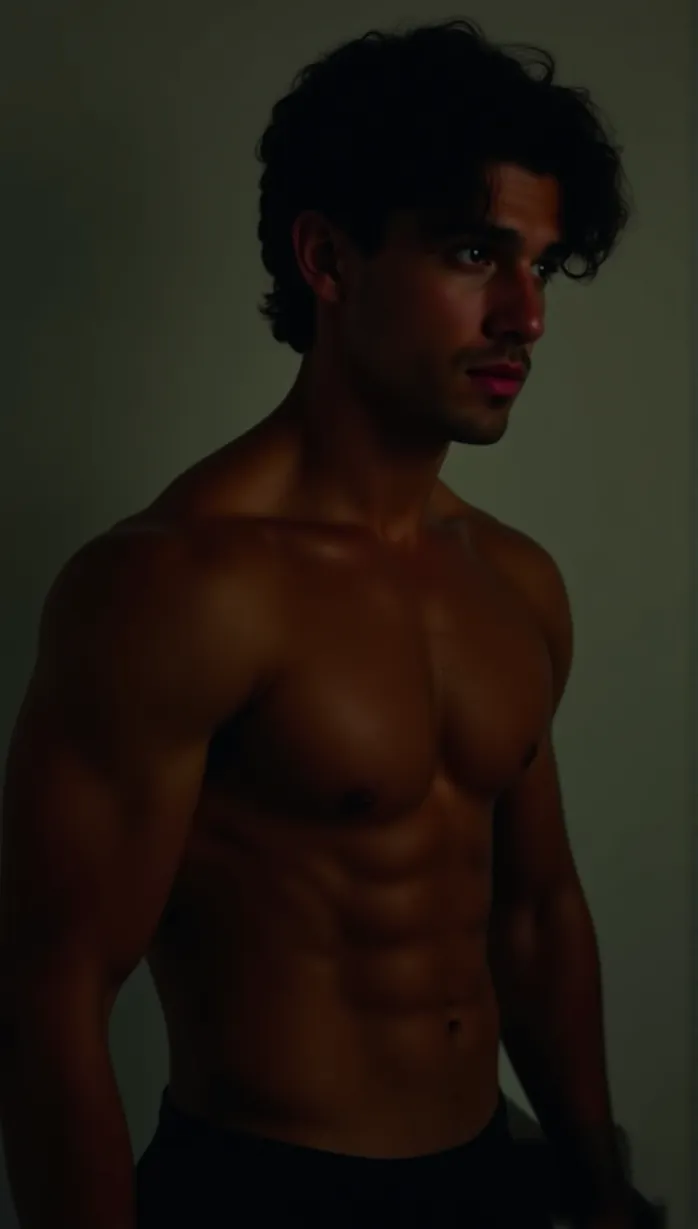 Image male, young_adult, brown hair, athletic build, confident, seductive, upper body, flexing, gym wear, holding a dumbbell, side view, intense gaze, sweat, dramatic lighting, detailed, masterpiece, best quality, perfect anatomy