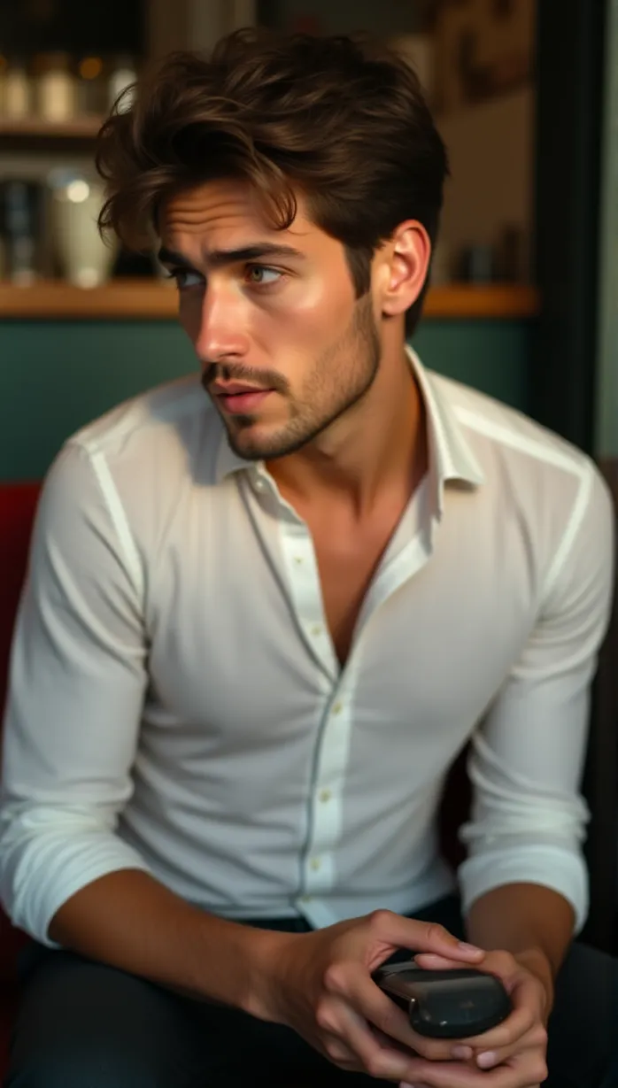 Image male, young adult, brown hair, blue eyes, fair skin, athletic build, wearing a white shirt, black jeans, holding a smartphone, looking away, thoughtful expression, afternoon sunlight, coffee shop, detailed background, masterpiece, best quality, detailed, seductive, tempting, upper body focus