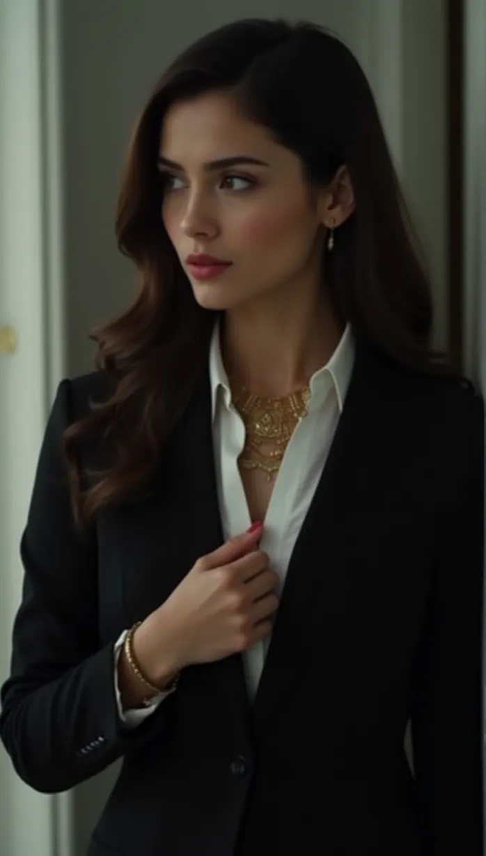 Image female, young_adult, long hair, dark hair, fair skin, slim build, business attire, black blazer, white blouse, gold necklace, seductive look, looking away, hand on chest, indoor, office, soft lighting, detailed, masterpiece, best quality