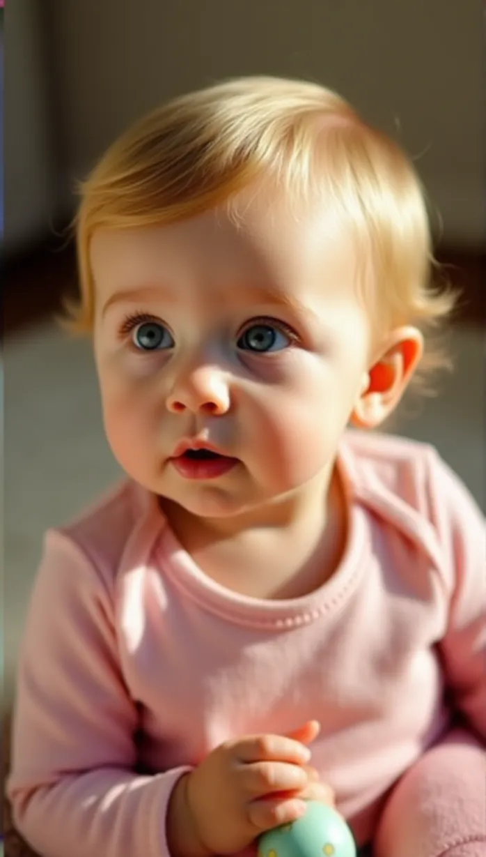 Image baby, young, girl, seven months old, looking away, seductive expression, innocent, playful, curious, adventurous, affectionate, blonde hair, blue eyes, fair skin, soft lighting, close up, detailed, masterpiece, best quality, cradling a toy, wearing a pink onesie, sunlight, indoor