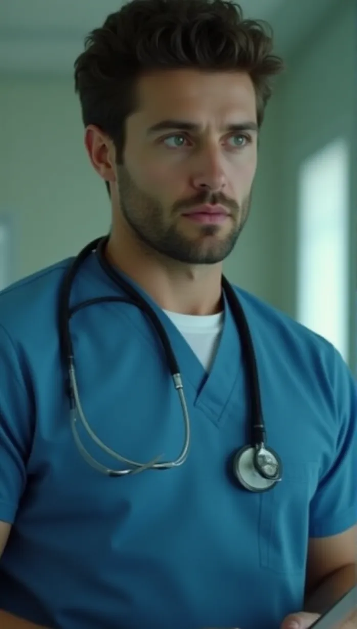 Image male, doctor, mid-adult, brown hair, green eyes, fair skin, fit, medical scrubs, blue scrubs, stethoscope, serious, concerned, looking away, leaning forward, holding clipboard, hospital room, indoor, soft lighting, detailed, masterpiece, best quality, seductive, tempting, hot
