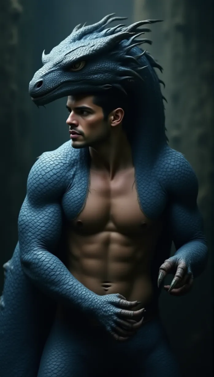 Image male, blue dragon, scales, sharp claws, muscular, looking away, seductive pose, bare chest, detailed scales, glowing eyes, dynamic angle, suggestive lighting, dramatic shadows, ancient ruins background, masterpiece, best quality, detailed