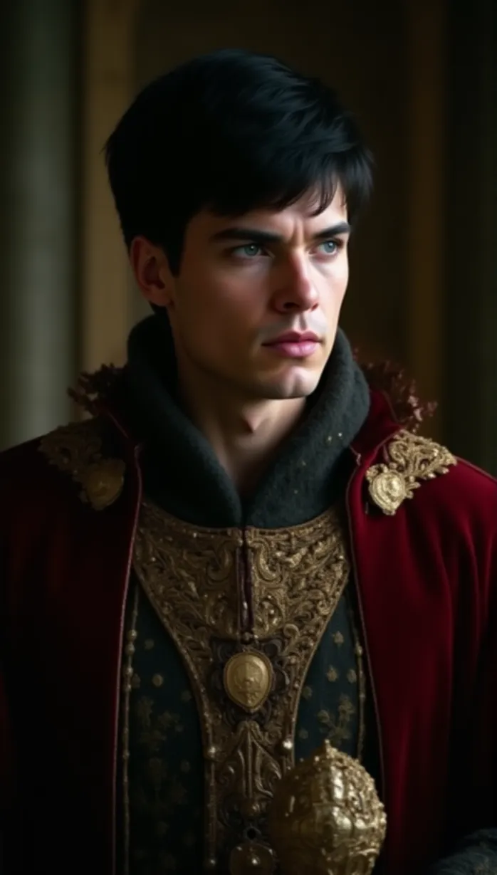 Image male, young_adult, short black hair, stern expression, blue eyes, fair skin, muscular build, ornate royal robes, gold accents, holding a scepter, looking away, dramatic lighting, palace interior, throne room, masterpiece, best quality, detailed