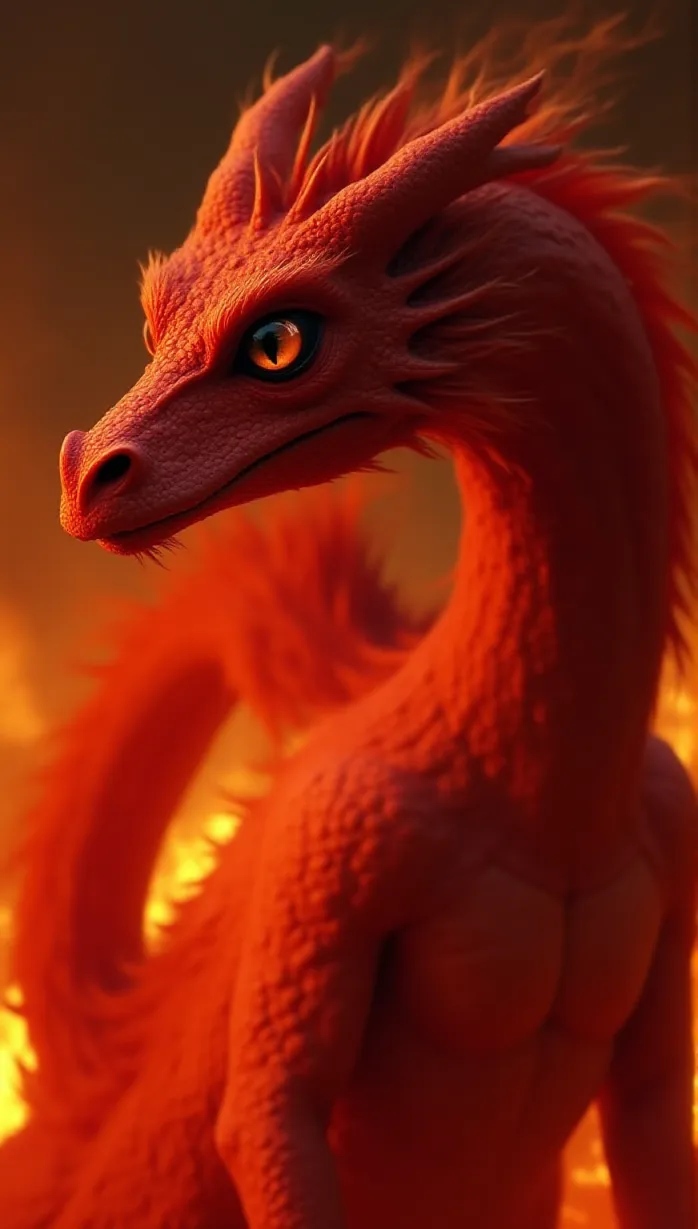Image red dragon, male, mid-adult, red scales, fiery eyes, muscular build, flames, exposed chest, looking away, intense gaze, battle stance, fire magic, dynamic pose, dramatic lighting, fiery background, detailed, masterpiece, best quality