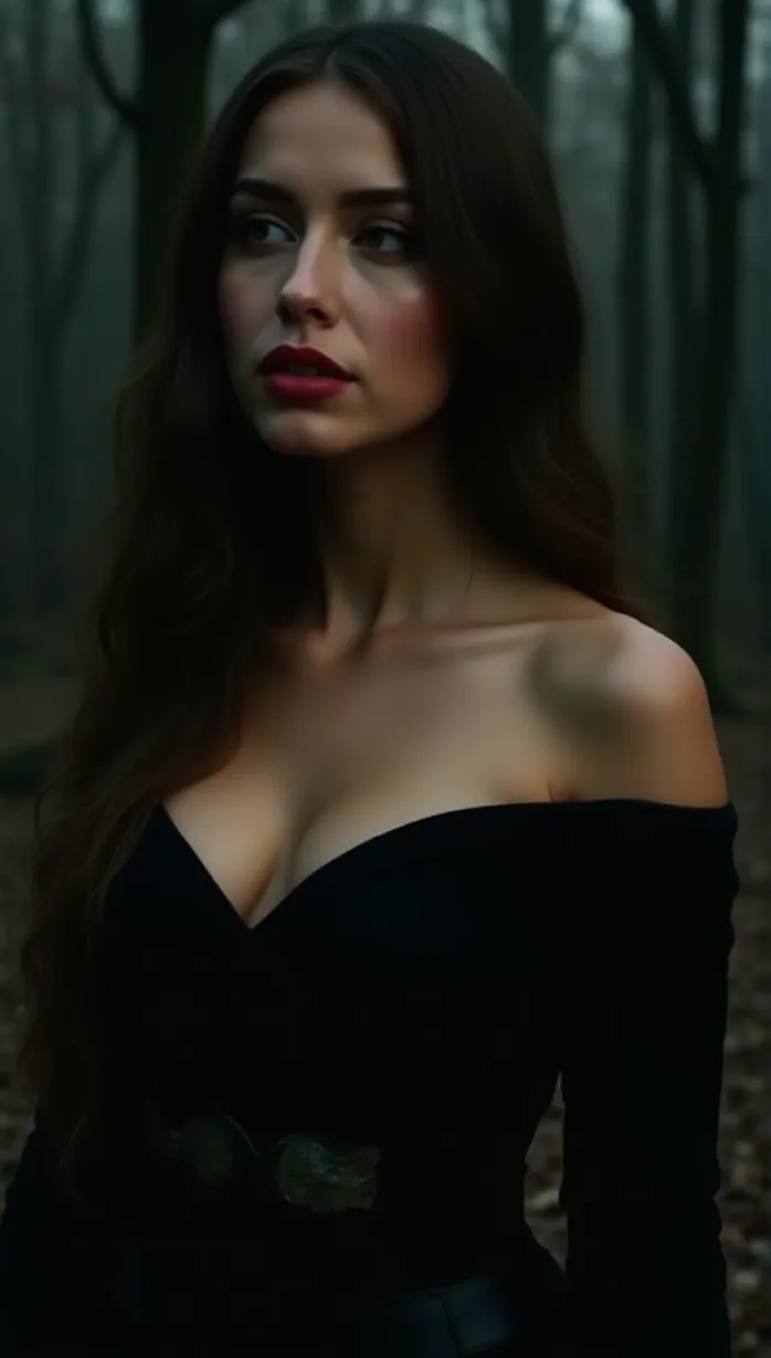 Image female, young_adult, long hair, brown hair, fair skin, hourglass figure, seductive, looking away, cleavage, off-shoulder top, black top, holding a dragon scale, mysterious, twilight, fantasy setting, forest, masterpiece, best quality, detailed