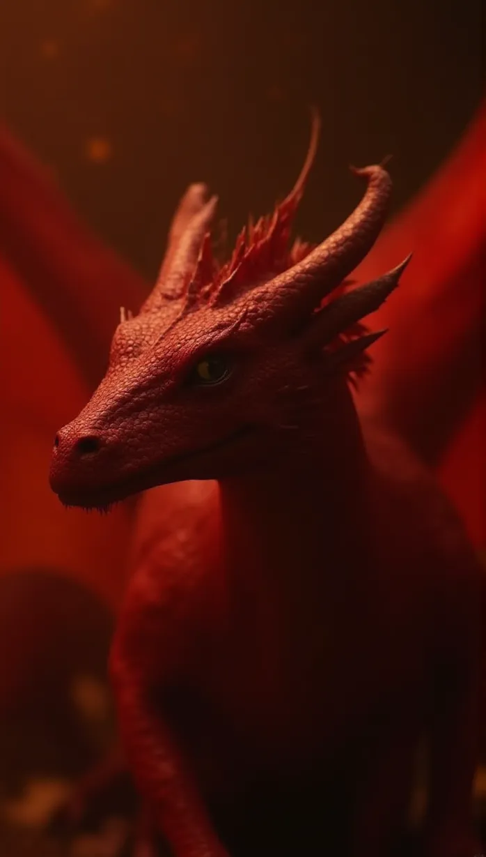 Image red dragon, male, young adult, scales, sharp claws, curved horns, majestic, looking away, open wings, dramatic lighting, fiery background, masterpiece, best quality, detailed