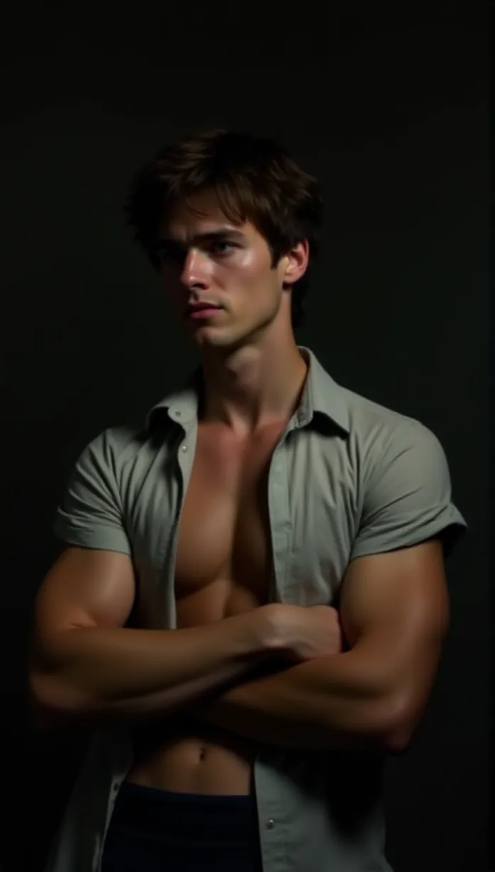 Image male, young_adult, side view, looking away, arms crossed, shirt open, bare chest, muscular, pale skin, messy hair, brown hair, determined expression, worried, backrooms, dimly lit, detailed, masterpiece, best quality