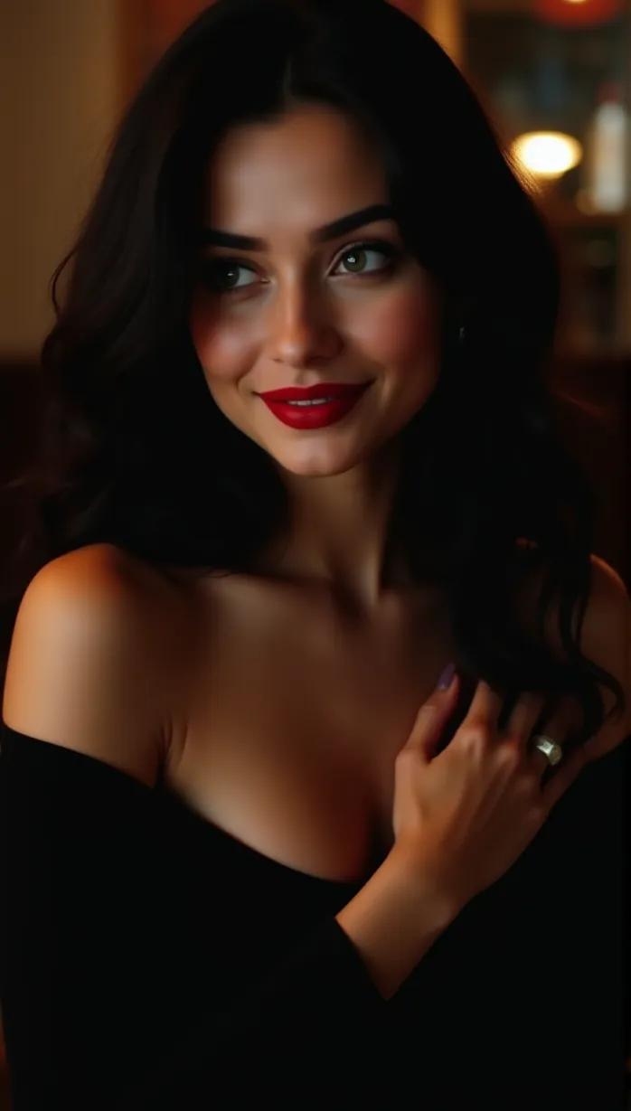 Image female, young_adult, long hair, black hair, green eyes, fair skin, hourglass figure, bar, cleavage, off shoulder top, black top, red lipstick, looking away, seductive smile, hand on chest, intimate, low angle, dimly lit, masterpiece, best quality, detailed