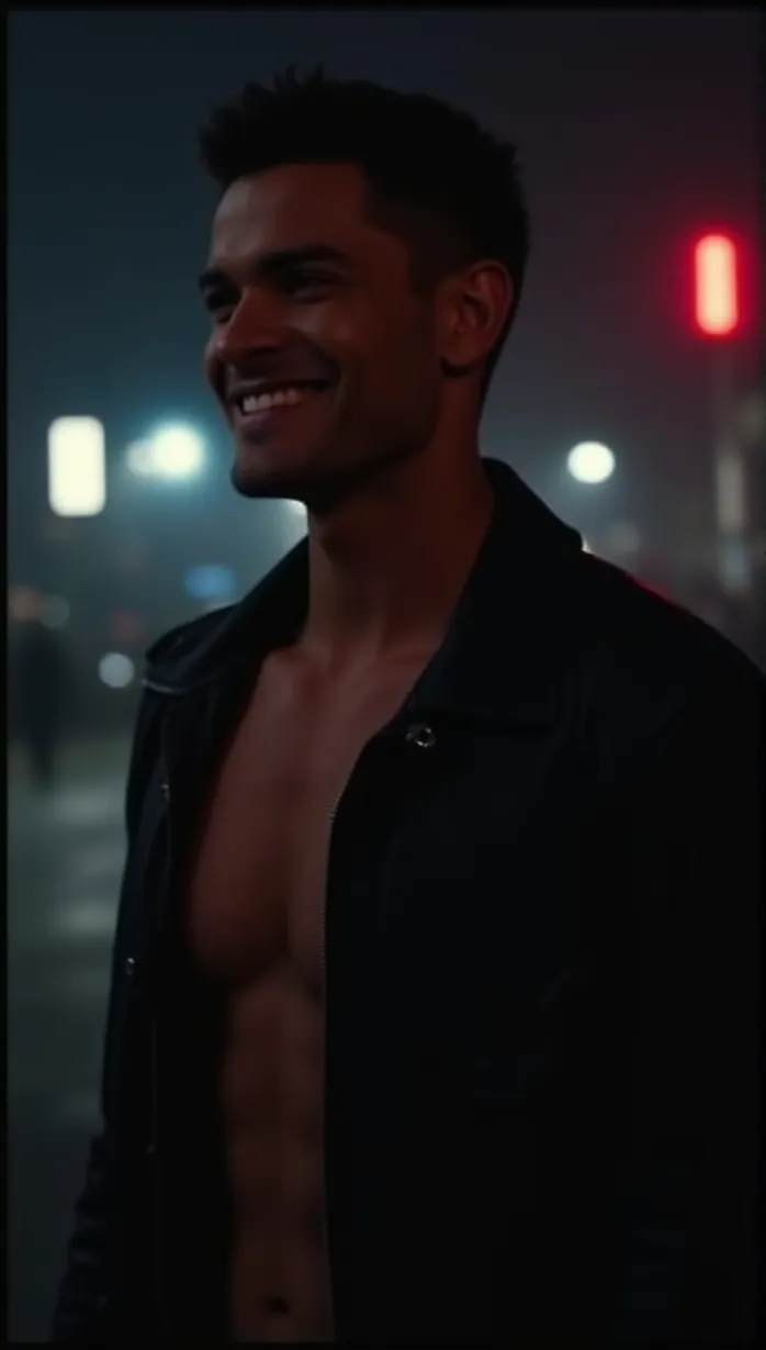 Image male, mid_adult, muscular build, smirk, looking away, seductive pose, hands on chest, leather jacket, dark colors, dramatic lighting, night, city at night, neon lights, masterpiece, best quality, detailed