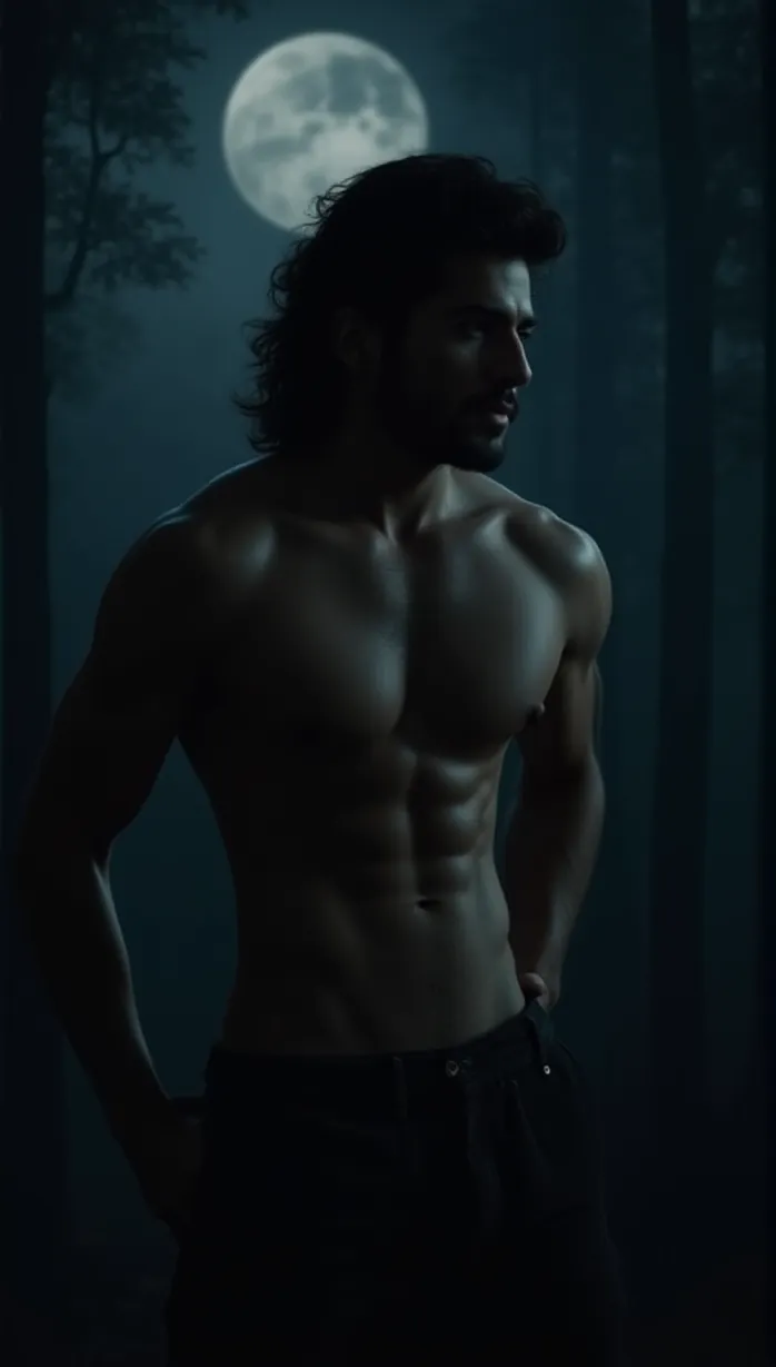 Image male, werewolf, muscular, ripped, shirtless, hands on hips, looking away, sensual, seductive, night, full moon, forest, detailed fur, masterpiece, best quality, dramatic lighting