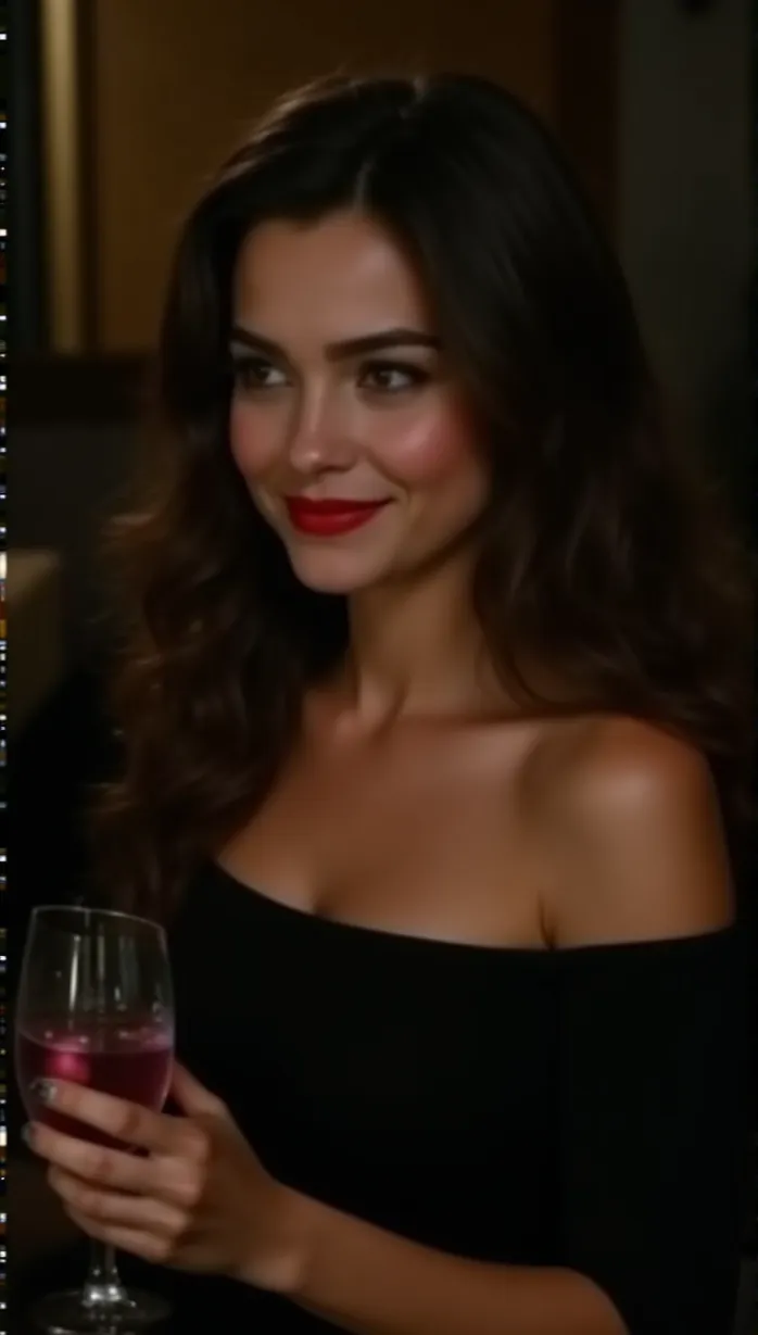 Image female, mid-adult, long hair, brown eyes, fair skin, average build, off shoulder top, black, holding a glass, smiling, seductive, side glance, sitting, bar, dark, night, masterpiece, best quality, detailed