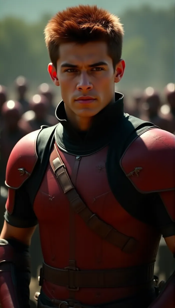 Image male, young_adult, short spiky red hair, dark eyes, tan skin, muscular build, red and black battle armor, detached collar, armored gauntlets, arrogant smirk, looking away, standing, hands on hips, dynamic pose, intense shadow, sunlight, outdoor, battlefield, masterpiece, best quality, detailed
