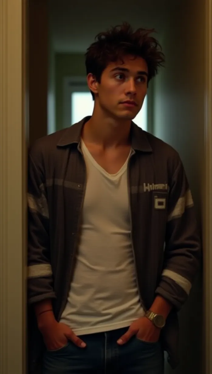 Image male, young adult, athletic build, messy hair, brown hair, green eyes, tanned skin, hockey jersey, looking away, leaning against a wall, hands in pockets, confident expression, warm lighting, indoor, detailed, masterpiece, best quality, seductive pose, suggestive, seductive, seductive look, alluring