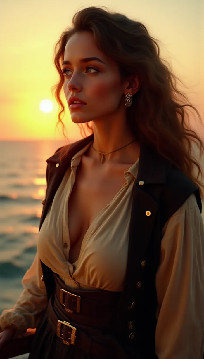 Image masterpiece, best quality, detailed, 1girl, solo, pirate, young, female, long hair, wavy hair, brown hair, blue eyes, fair skin, hourglass figure, wearing pirate outfit, open jacket, cleavage, gold earrings, looking away, seductive pose, reaching hand, holding a treasure map, sunset, golden light, pirate ship, ocean, adventurous, determined, hopeful, seductive, captivating, full of temptation
