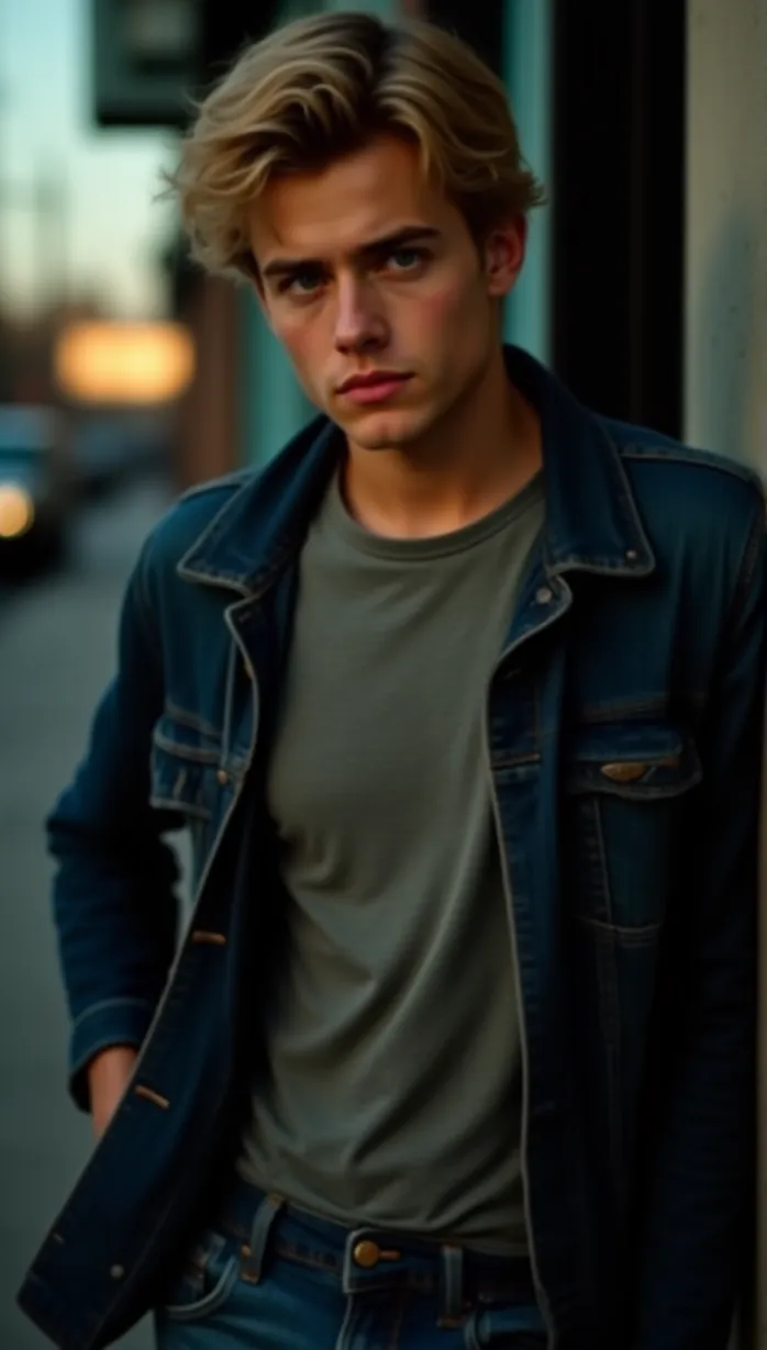 Image male, teen, blonde hair, green eyes, fair skin, average build, wearing a t-shirt, denim jacket, jeans, casual outfit, mischievous expression, looking away, leaning against a wall, hand on hip, dramatic lighting, evening, urban street, detailed, masterpiece, best quality