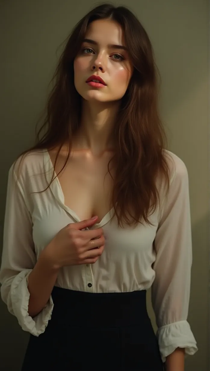 Image female, young adult, brown hair, shy expression, fair skin, slim build, long-sleeved shirt, black skirt, standing, looking away, hands clasped, afternoon sunlight, detailed background, masterpiece, best quality, detailed, alluring, seductive, tempting