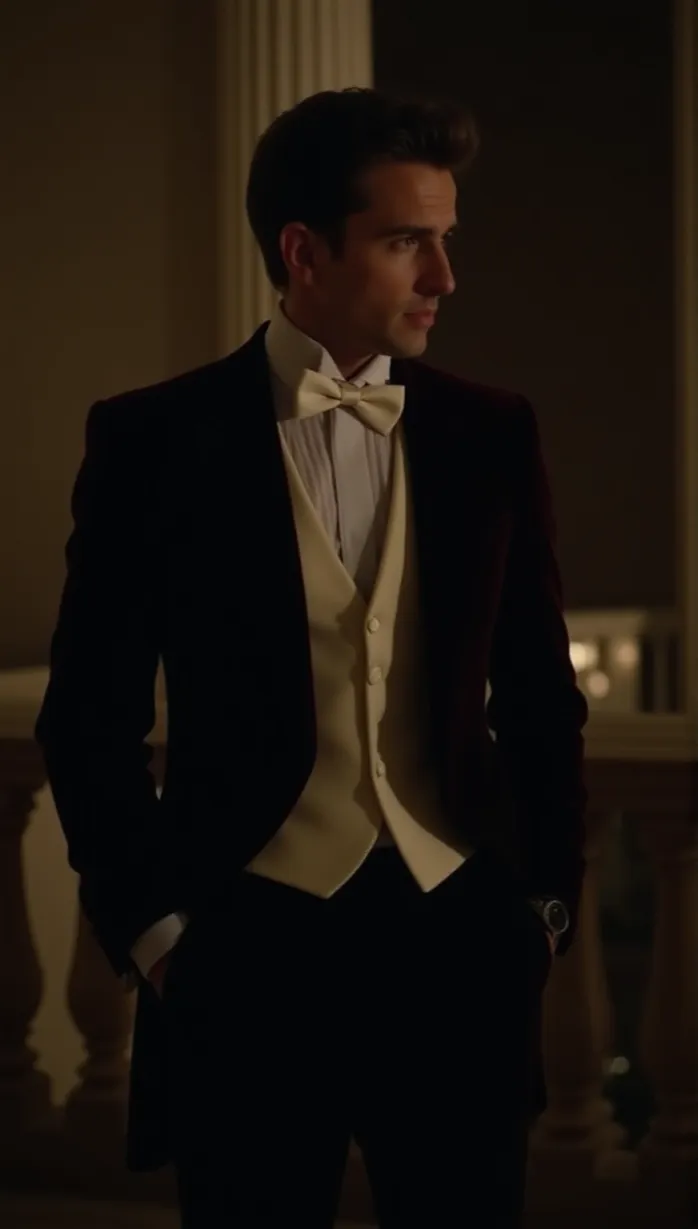 Image male, young_adult, upper body, elegant suit, velvet jacket, white shirt, bow tie, holding invitation, looking away, night, dim lighting, palace balcony, romantic, mysterious, masterpiece, best quality, detailed, seductive, charming