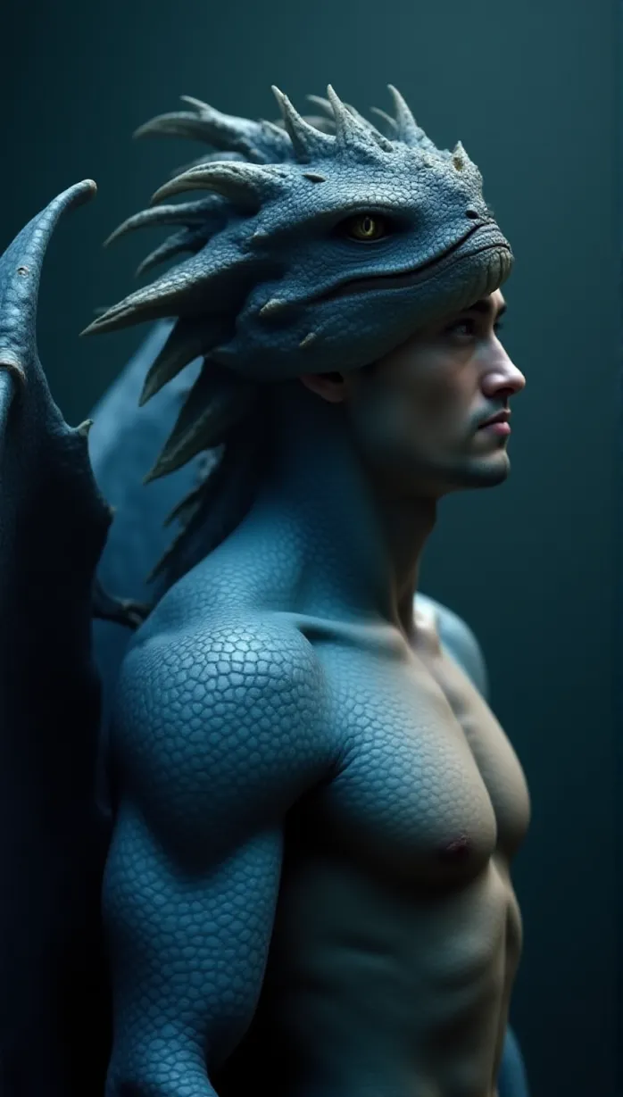 Image male, dragon, blue skin, large, intimidating, horns, scales, wings, looking away, side view, muscular, bare chest, chest, upper body, detailed scales, detailed wings, dynamic pose, dramatic lighting, strong shadows, masterpiece, best quality