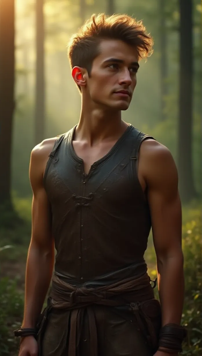 Image male, young_adult, outdoors, upper body, confident expression, looking away, standing, hand on hip, leather armor, adventurer, treasure map, detailed, masterpiece, best quality, dynamic pose, morning light, golden hour, forest, detailed background, tempting, alluring, captivating
