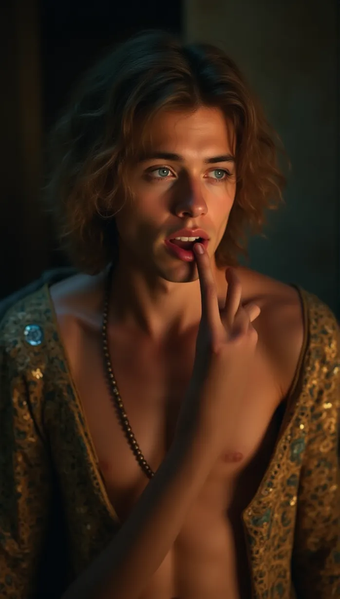 Image male, young adult, long hair, messy hair, blue eyes, fair skin, slender build, ornate tunic, colorful, revealing, finger to lips, looking away, seductive, teasing, sunlight, dungeon, detailed, masterpiece, best quality