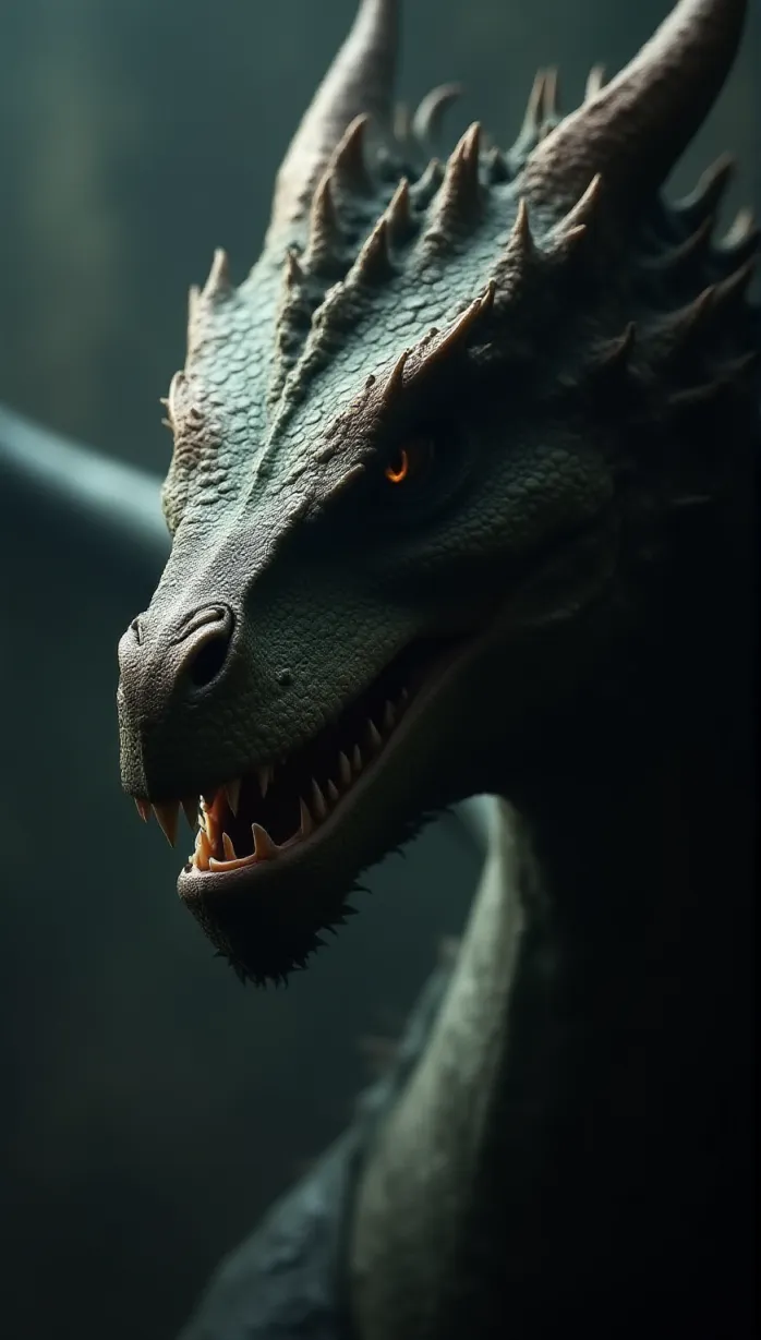 Image dragon, giant, scales, reptilian, looking_away, detailed_scales, muscular, majestic, intimidating, wings, claws, sharp_teeth, golden_eyes, ancient, powerful, dramatic_lighting, epic_scale, fantasy_art, detailed_background, masterpiece, best_quality
