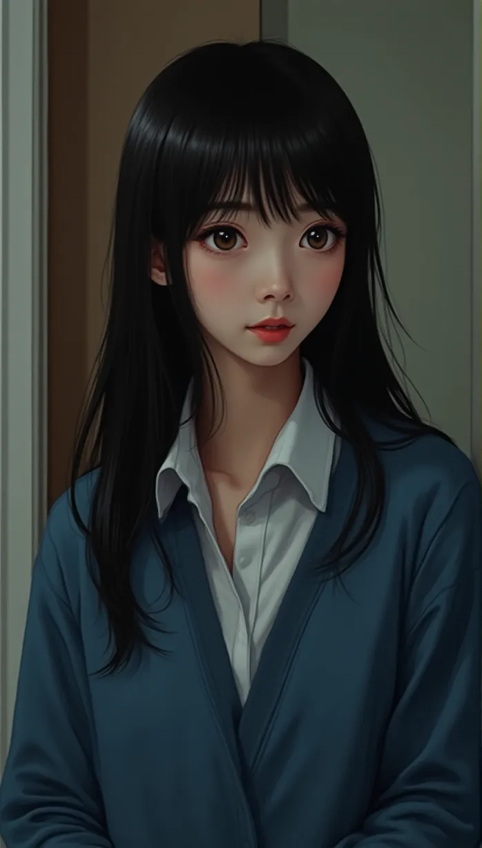 Image female, shy, young_adult, long hair, black hair, brown eyes, pale skin, slender, nervous, hesitant, side_part, looking_away, holding_comic_book, casual_clothes, blue jacket, white shirt, indoors, daylight, soft lighting, detailed, masterpiece, best quality, illustration