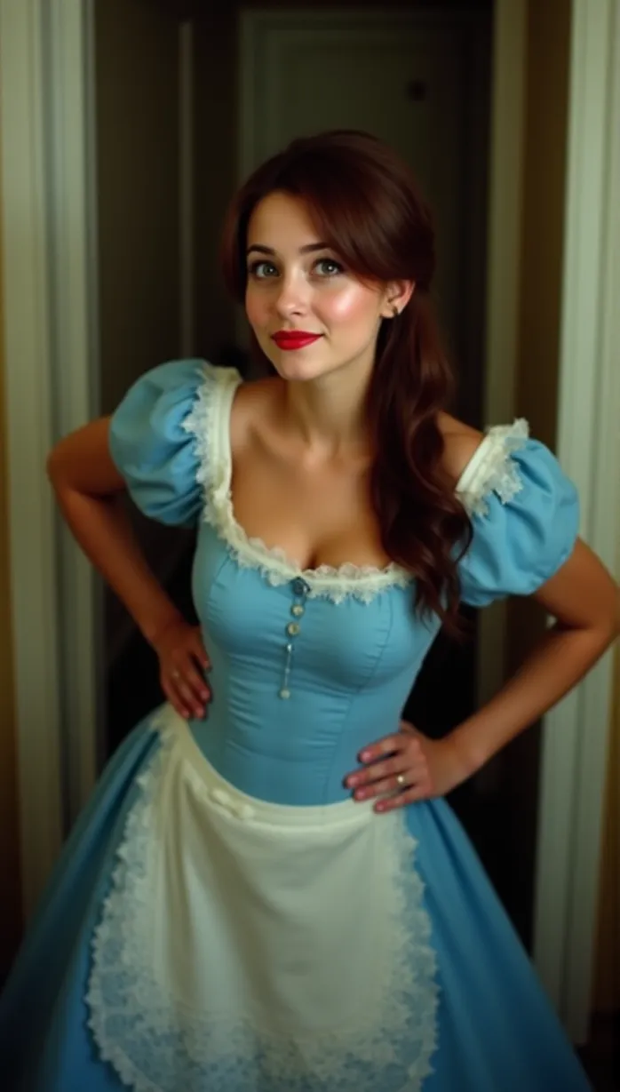 Image female, young_adult, long hair, green eyes, fair skin, hourglass figure, maid outfit, blue dress, apron, hair ornament, seductive smile, looking away, hands on hips, sensual pose, soft lighting, indoor, afternoon, detailed, masterpiece, best quality