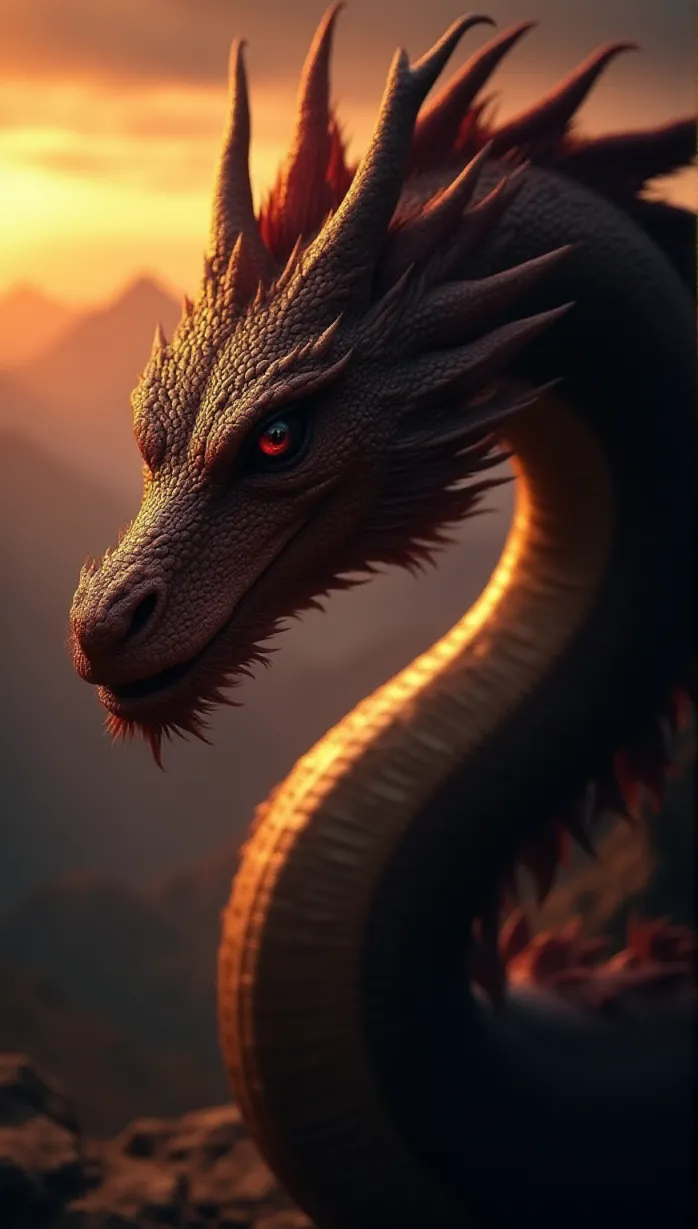 Image male focus on upper body, dragon, scales, sharp claws, majestic, red eyes, looking away, mountains, sunset, detailed, masterpiece, best quality, intricate details, dynamic pose, powerful, imposing, glowing, fiery breath