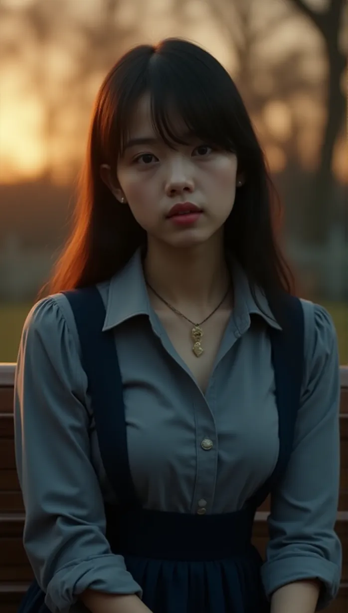 Image female, young_adult, long hair, black hair, brown eyes, fair skin, slim build, collared shirt, pleated skirt, dark blue outfit, choker, holding a locket, looking away, shy, confused, sitting on a bench, park, sunset, soft lighting, detailed, masterpiece, best quality