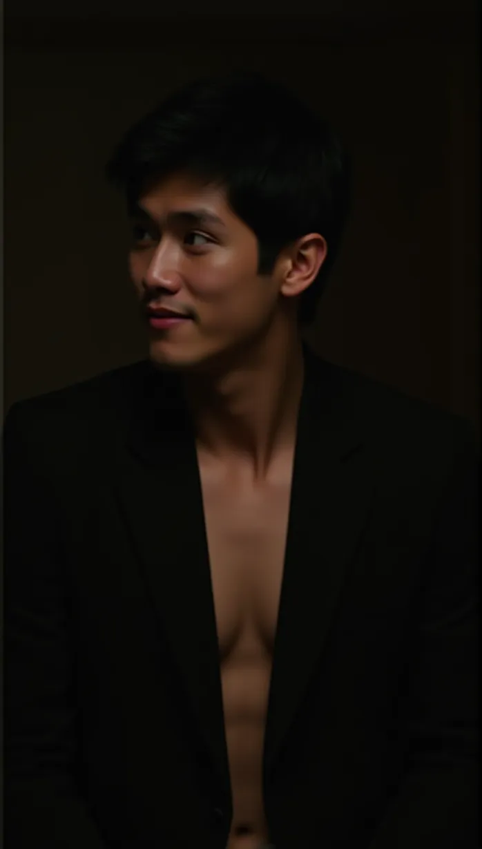 Image male, young_adult, seductive pose, upper body, looking away, mischievous grin, black hair, sharp eyes, fair skin, black suit, open collar, holding a letter, dim lighting, indoor, detailed, masterpiece, best quality
