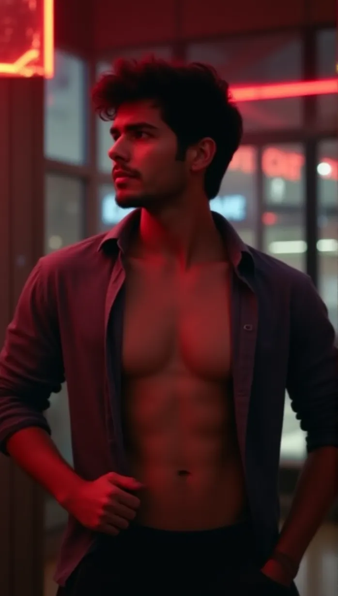 Image male, mid-adult, looking away, seductive pose, open shirt, chest, hands on hips, casual outfit, inviting, tempting, neon lighting, indoor, pet store, detailed, masterpiece, best quality