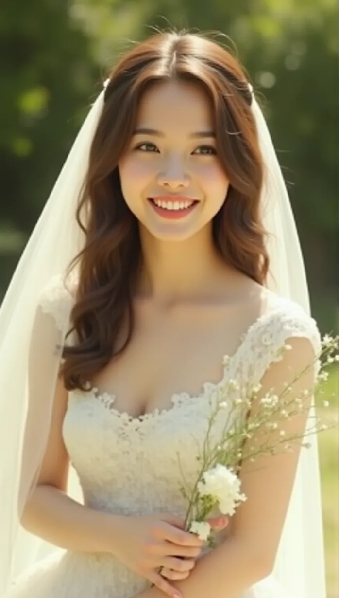 Image female, young adult, long hair, wavy hair, brown hair, fair skin, slim body, bridal gown, white dress, lace, veil, holding flowers, looking away, smiling, happy, sunlight, day, garden, masterpiece, best quality, detailed