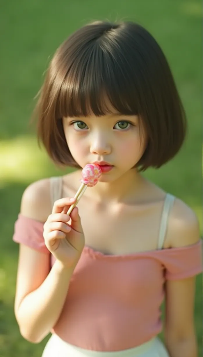Image female, child, short hair, green eyes, fair skin, slender, seductive pose, looking away, holding a lollipop, off-shoulder top, pink top, white skirt, sunlight, afternoon, park, detailed, masterpiece, best quality
