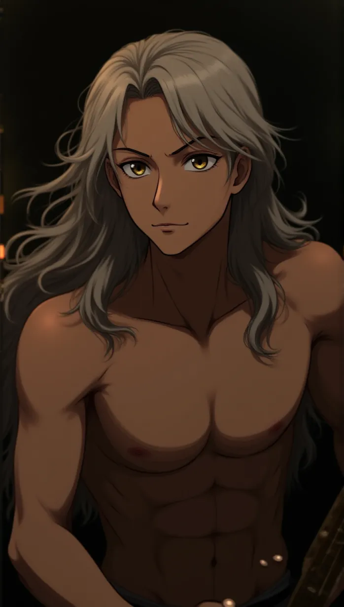 Image male, old, long hair, flowing hair, brown eyes, fair skin, muscular, shirtless, lute, looking away, reaching, seductive, late afternoon, dungeon, detailed, masterpiece, best quality, anime
