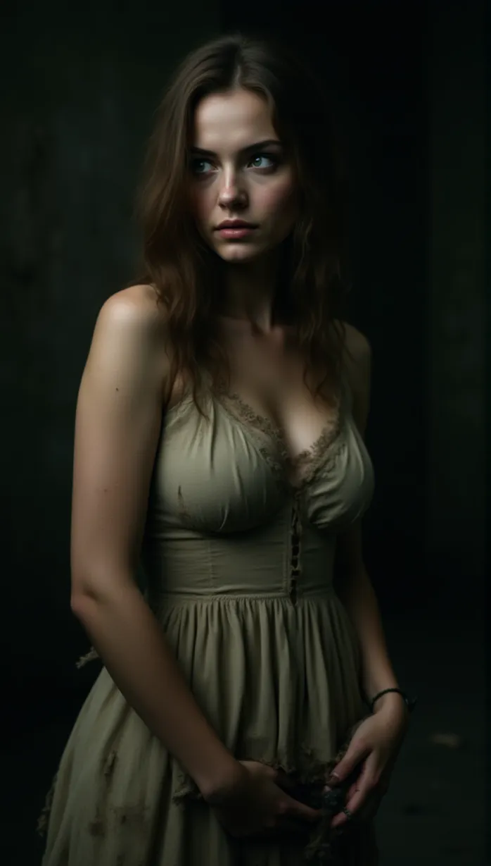 Image female, young_adult, bewitched, medium breasts, long brown hair, green eyes, pale skin, dungeon, tattered clothing, torn dress, dirty, holding a broken sword, side view, looking back, despair, volumetric lighting, dark atmosphere, masterpiece, best quality, detailed