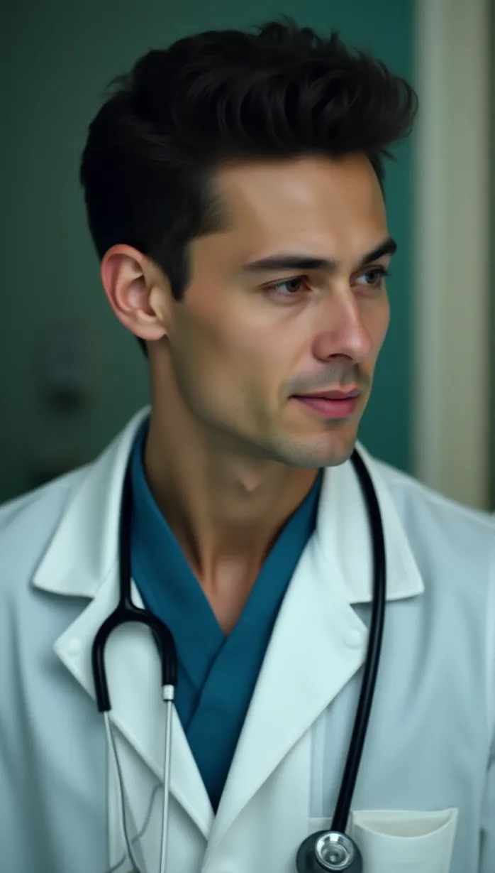 Image male, mid-adult, looking away, gentle smile, white coat, stethoscope, detailed, soft lighting, hospital room, masterpiece, best quality, detailed, sensual, tempting, seductive