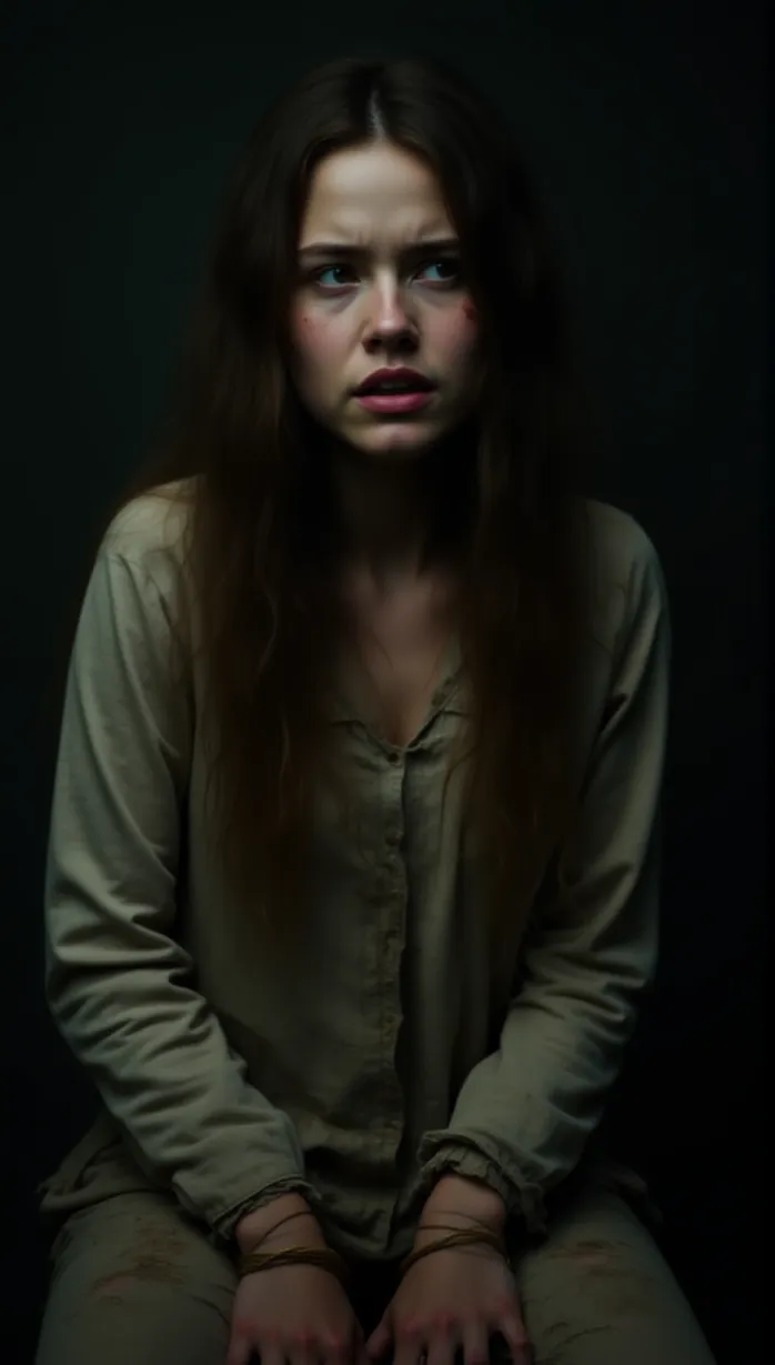 Image female, young_adult, long hair, messy, broken clothes, torn, dirty, bruised, looking away, pained expression, fear, hands tied, dungeon, low lighting, shadows, masterpiece, best quality, detailed