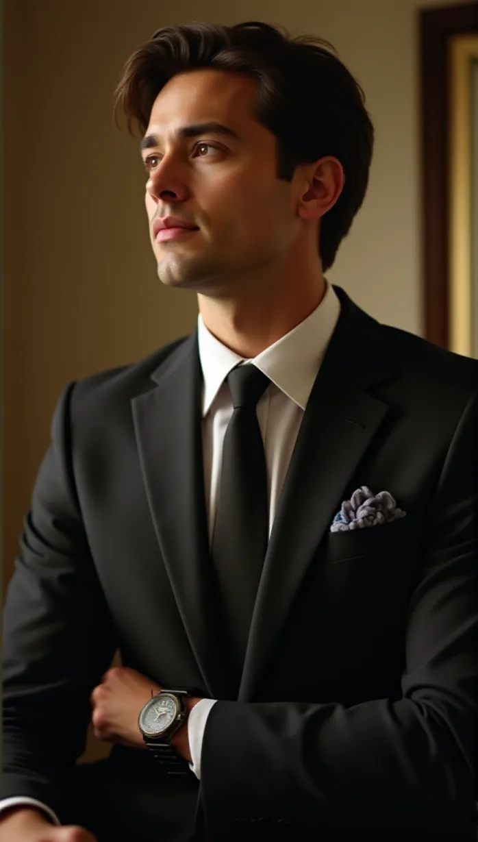 Image male, mid-adult, brown hair, short hair, dark eyes, medium skin, muscular build, business suit, tie, pocket watch, thoughtful expression, looking away, hand on chin, indoor, office, warm lighting, masterpiece, best quality, detailed